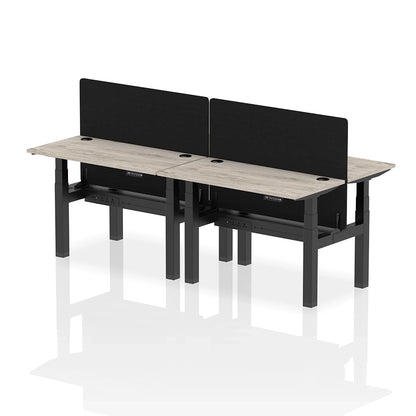 Air Back-to-Back Slimline Height Adjustable Bench Desk - 4 Person with cable ports and black straight screen W1200mm grey oak top with black frame
