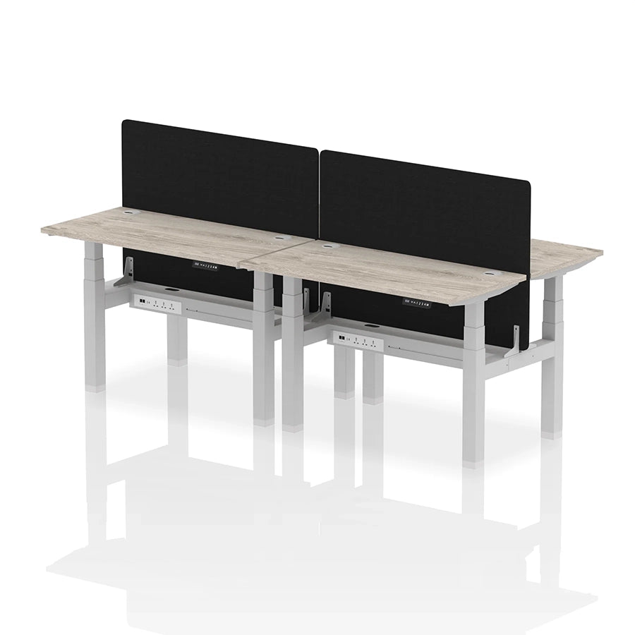 Air Back-to-Back Slimline Height Adjustable Bench Desk - 4 Person with cable ports and black straight screen W1200mm grey oak top with silver frame