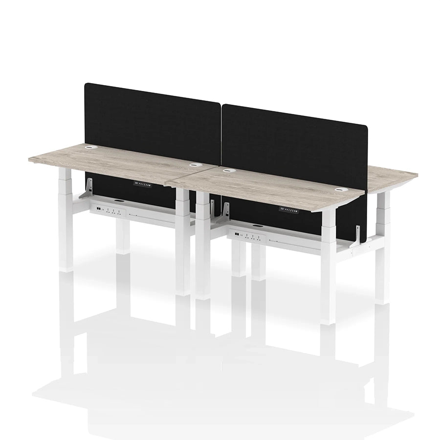 Air Back-to-Back Slimline Height Adjustable Bench Desk - 4 Person with cable ports and black straight screen W1200mm grey oak top with white frame