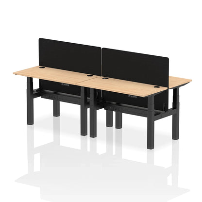 Air Back-to-Back Slimline Height Adjustable Bench Desk - 4 Person with cable ports and black straight screen W1200mm maple top with black frame