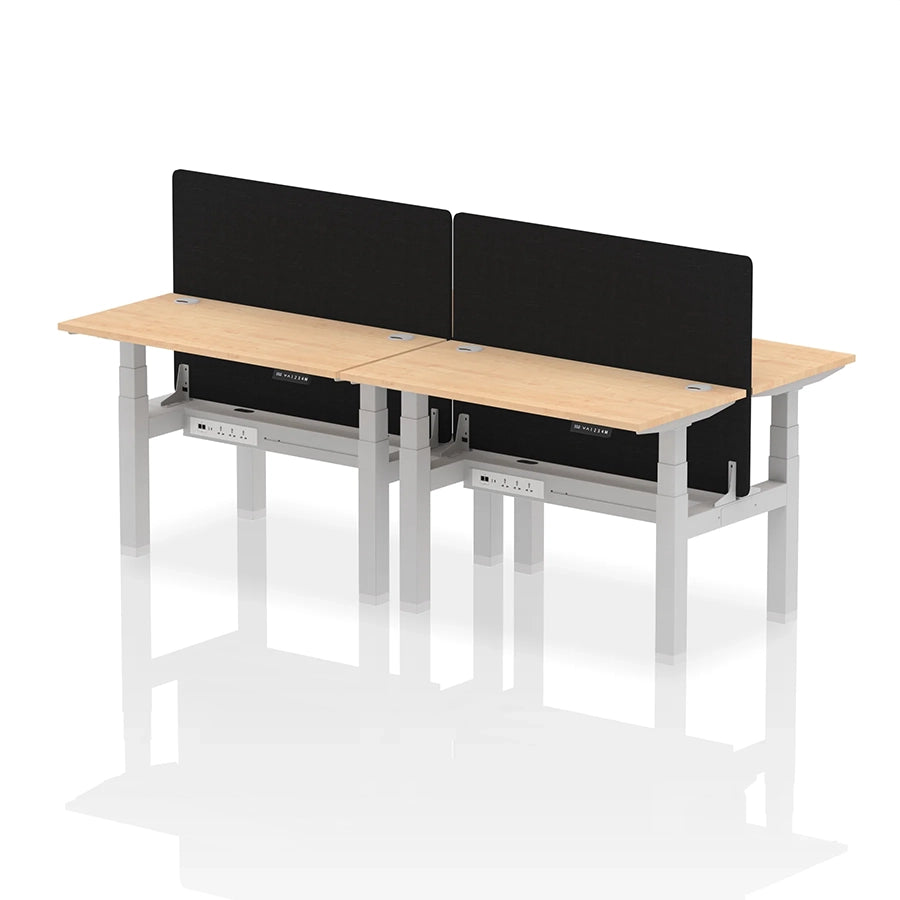 Air Back-to-Back Slimline Height Adjustable Bench Desk - 4 Person with cable ports and black straight screen W1200mm maple top with silver frame