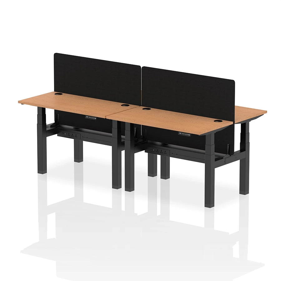 Air Back-to-Back Slimline Height Adjustable Bench Desk - 4 Person with cable ports and black straight screen W1200mm oak top with black frame