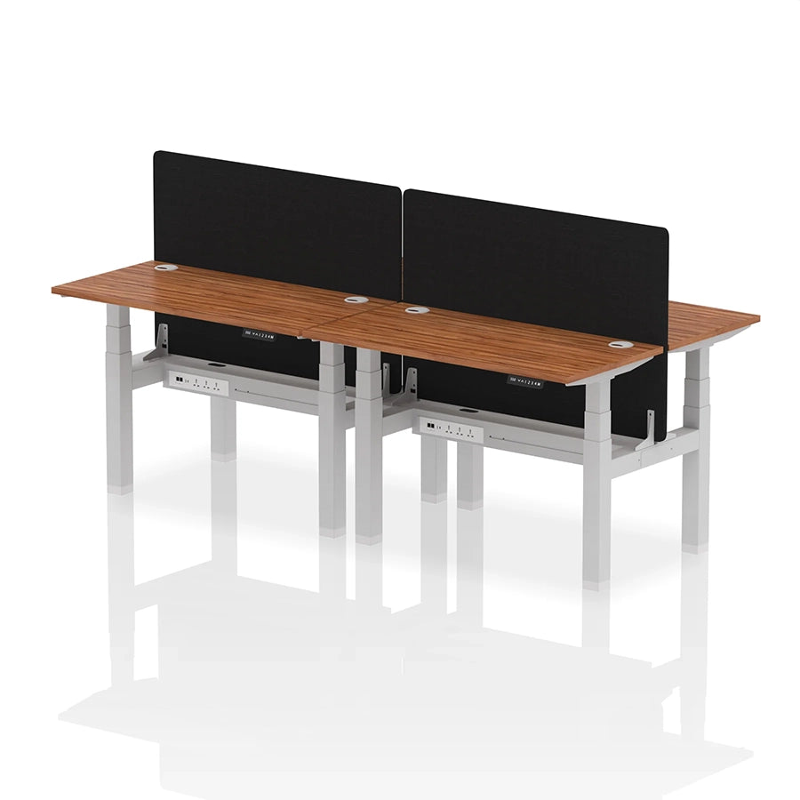 Air Back-to-Back Slimline Height Adjustable Bench Desk - 4 Person with cable ports and black straight screen W1200mm walnut top with silver frame
