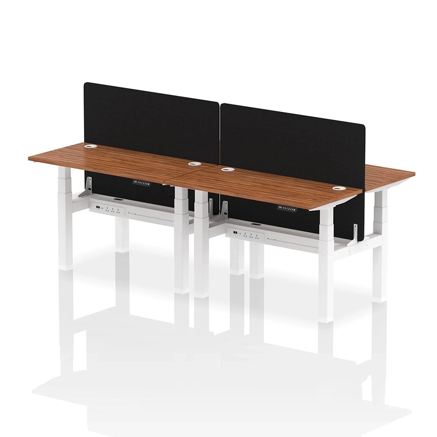 Air Back-to-Back Slimline Height Adjustable Bench Desk - 4 Person with cable ports and black straight screen W1200mm walnut top with white frame