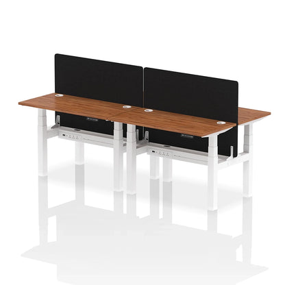 Air Back-to-Back Slimline Height Adjustable Bench Desk - 4 Person with cable ports and black straight screen W1200mm walnut top with white frame