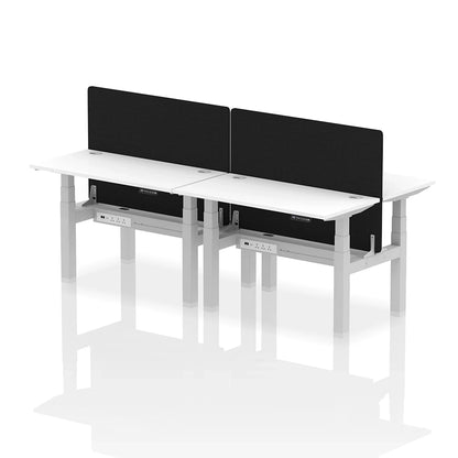 Air Back-to-Back Slimline Height Adjustable Bench Desk - 4 Person with cable ports and black straight screen W1200mm white top with silver frame