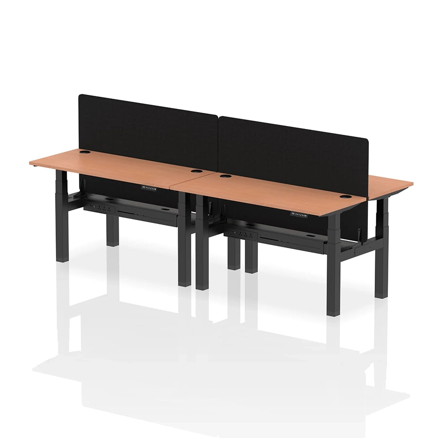 Air Back-to-Back Slimline Height Adjustable Bench Desk - 4 Person with cable ports and black straight screen W1400mm beech top with black frame