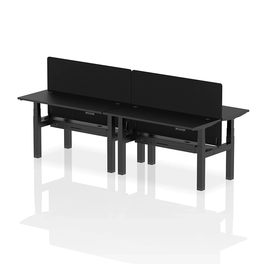Air Back-to-Back Slimline Height Adjustable Bench Desk - 4 Person with cable ports and black straight screen W1400mm black top with black frame