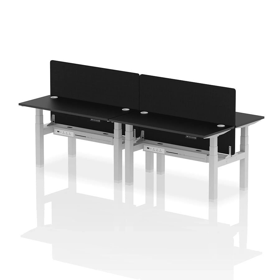 Air Back-to-Back Slimline Height Adjustable Bench Desk - 4 Person with cable ports and black straight screen W1400mm black top with silver frame