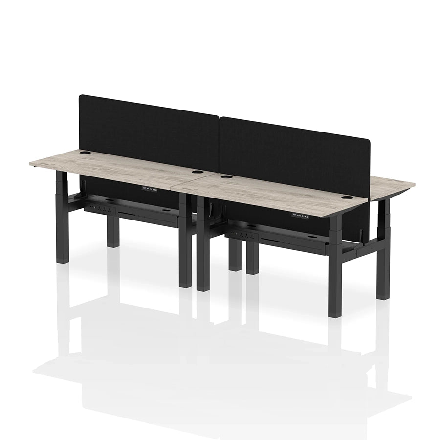 Air Back-to-Back Slimline Height Adjustable Bench Desk - 4 Person with cable ports and black straight screen W1400mm grey oak top with black frame