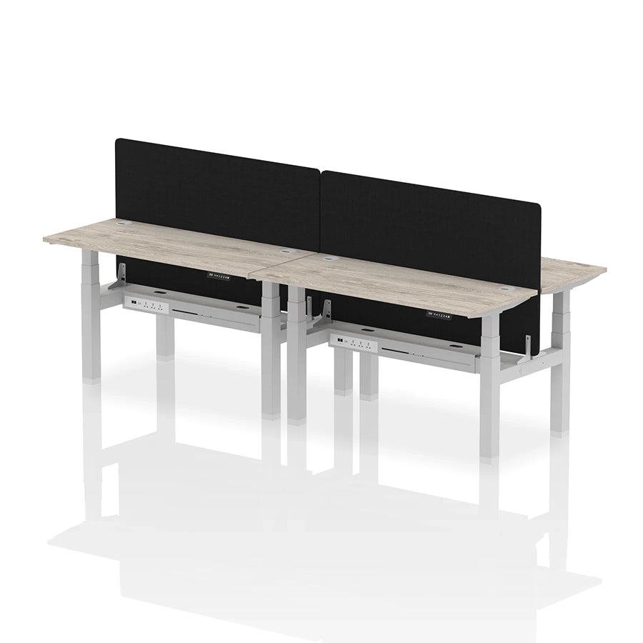 Air Back-to-Back Slimline Height Adjustable Bench Desk - 4 Person with cable ports and black straight screen W1400mm grey oak top with silver frame