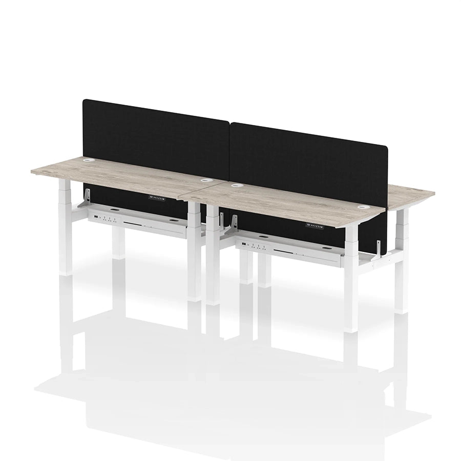 Air Back-to-Back Slimline Height Adjustable Bench Desk - 4 Person with cable ports and black straight screen W1400mm grey oak top with white frame