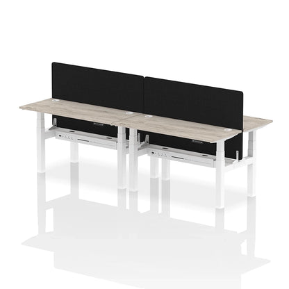 Air Back-to-Back Slimline Height Adjustable Bench Desk - 4 Person with cable ports and black straight screen W1400mm grey oak top with white frame