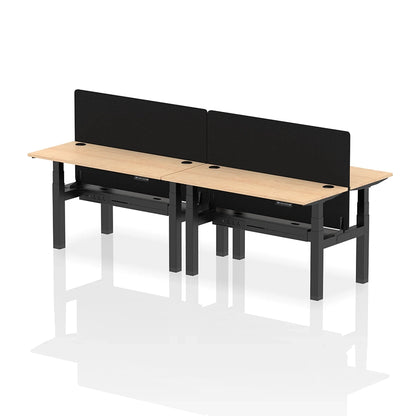 Air Back-to-Back Slimline Height Adjustable Bench Desk - 4 Person with cable ports and black straight screen W1400mm maple top with black frame