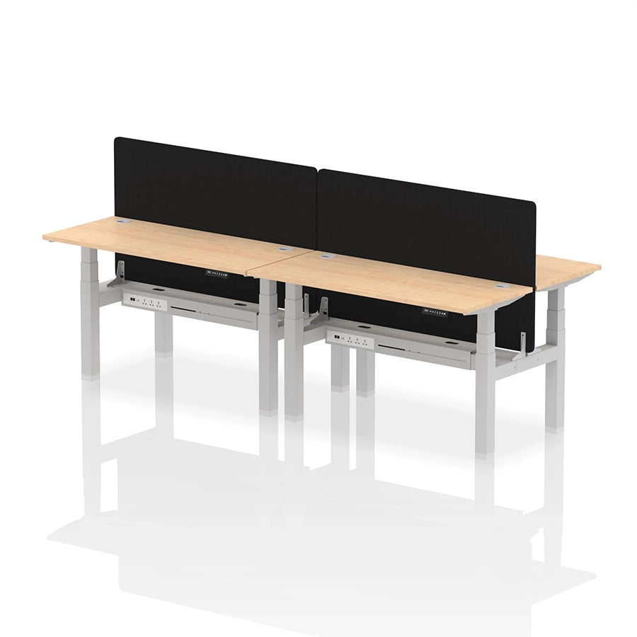 Air Back-to-Back Slimline Height Adjustable Bench Desk - 4 Person with cable ports and black straight screen W1400mm maple top with silver frame