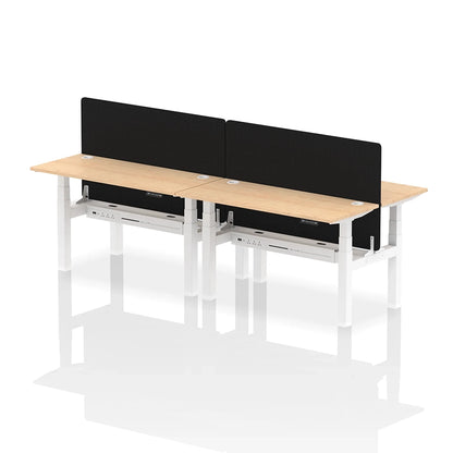 Air Back-to-Back Slimline Height Adjustable Bench Desk - 4 Person with cable ports and black straight screen W1400mm maple top with white frame