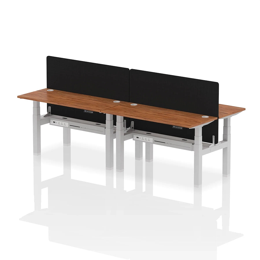 Air Back-to-Back Slimline Height Adjustable Bench Desk - 4 Person with cable ports and black straight screen W1400mm walnut top with silver frame