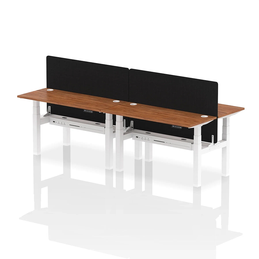 Air Back-to-Back Slimline Height Adjustable Bench Desk - 4 Person with cable ports and black straight screen W1400mm walnut top with white frame