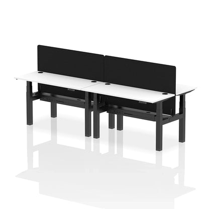Air Back-to-Back Slimline Height Adjustable Bench Desk - 4 Person with cable ports and black straight screen W1400mm white top with black frame