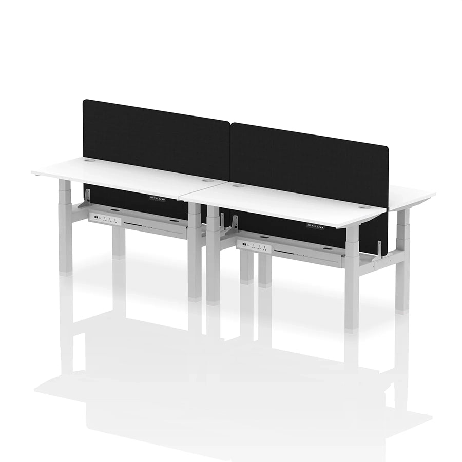 Air Back-to-Back Slimline Height Adjustable Bench Desk - 4 Person with cable ports and black straight screen W1400mm white top with silver frame