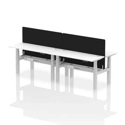 Air Back-to-Back Slimline Height Adjustable Bench Desk - 4 Person with cable ports and black straight screen W1400mm white top with silver frame