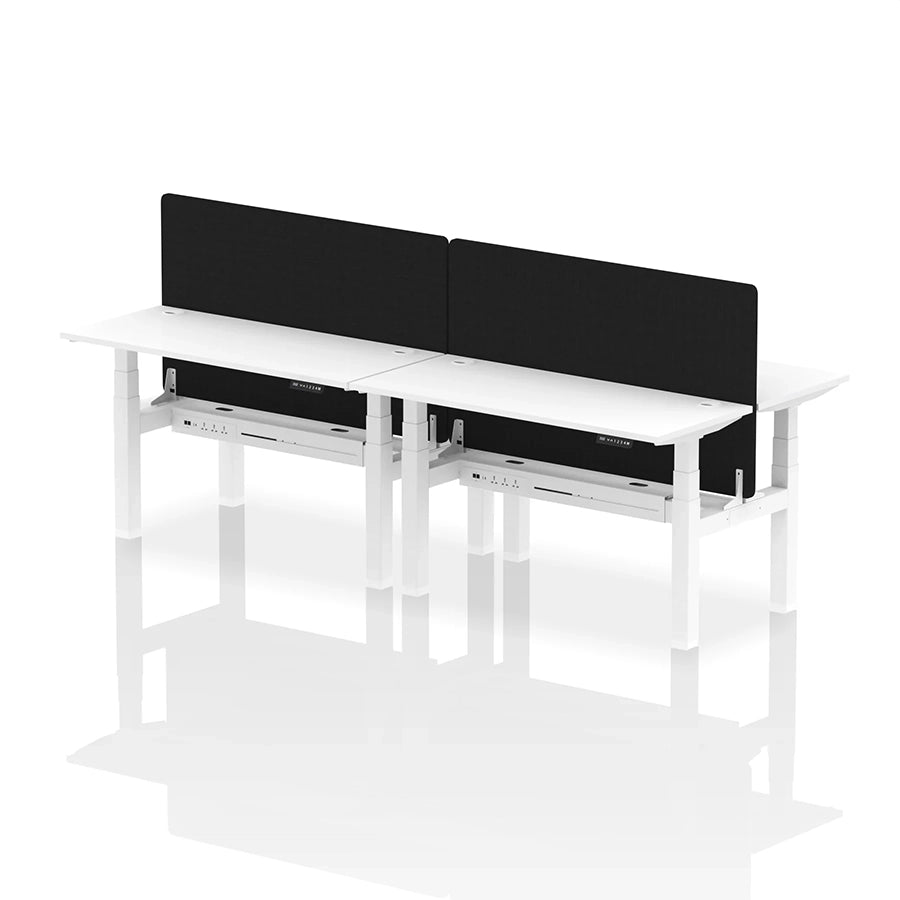 Air Back-to-Back Slimline Height Adjustable Bench Desk - 4 Person with cable ports and black straight screen W1400mm white top with white frame