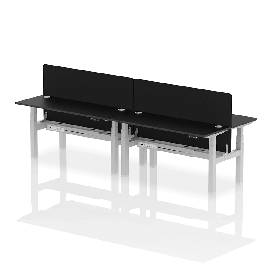 Air Back-to-Back Slimline Height Adjustable Bench Desk - 4 Person with cable ports and black straight screen W1600mm black top with silver frame