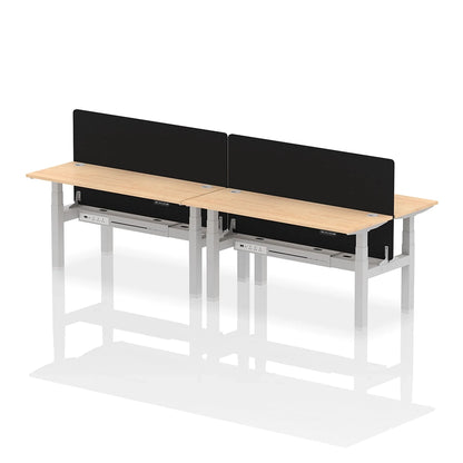 Air Back-to-Back Slimline Height Adjustable Bench Desk - 4 Person with cable ports and black straight screen W1600mm maple top with silver frame