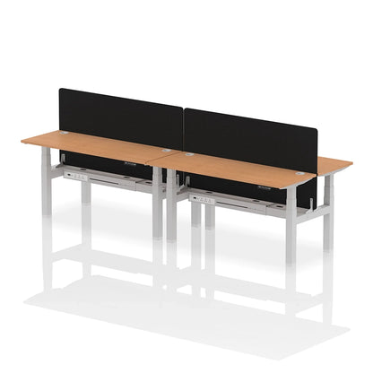 Air Back-to-Back Slimline Height Adjustable Bench Desk - 4 Person with cable ports and black straight screen W1600mm oak top with silver frame