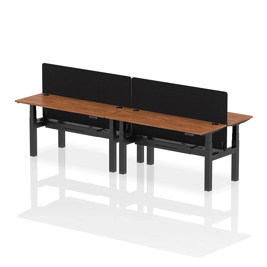 Air Back-to-Back Slimline Height Adjustable Bench Desk - 4 Person with cable ports and black straight screen W1600mm walnut top with black frame