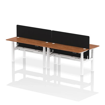 Air Back-to-Back Slimline Height Adjustable Bench Desk - 4 Person with cable ports and black straight screen W1600mm walnut top with white frame