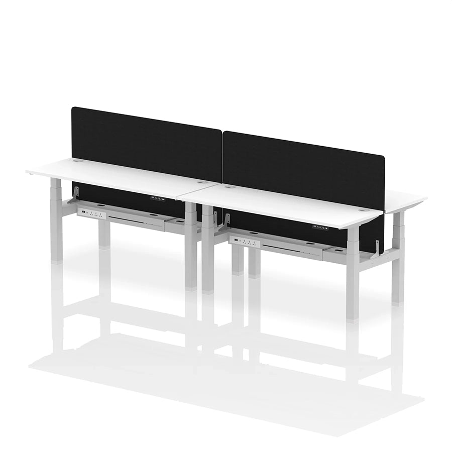 Air Back-to-Back Slimline Height Adjustable Bench Desk - 4 Person with cable ports and black straight screen W1600mm white top with silver frame