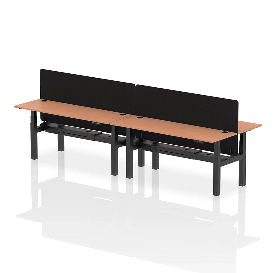 Air Back-to-Back Slimline Height Adjustable Bench Desk - 4 Person with cable ports and black straight screen W1800mm beech top with black frame