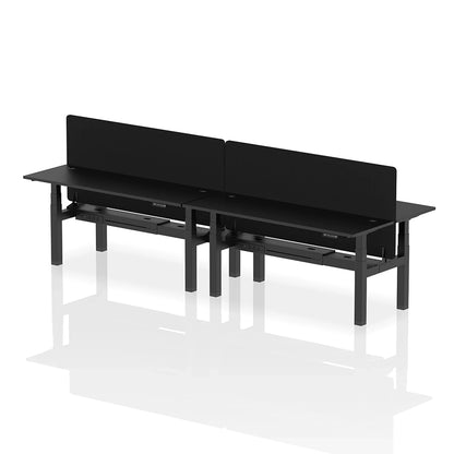 Air Back-to-Back Slimline Height Adjustable Bench Desk - 4 Person with cable ports and black straight screen W1800mm black top with black frame