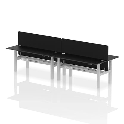 Air Back-to-Back Slimline Height Adjustable Bench Desk - 4 Person with cable ports and black straight screen W1800mm black top with silver frame