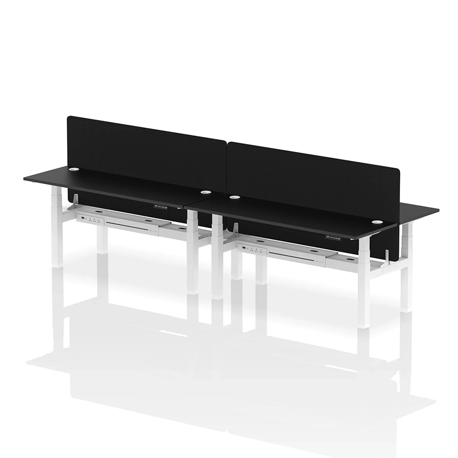 Air Back-to-Back Slimline Height Adjustable Bench Desk - 4 Person with cable ports and black straight screen W1800mm black top with white frame