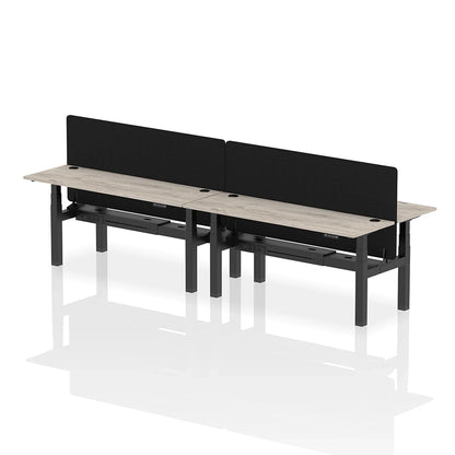 Air Back-to-Back Slimline Height Adjustable Bench Desk - 4 Person with cable ports and black straight screen W1800mm grey oak top with black frame