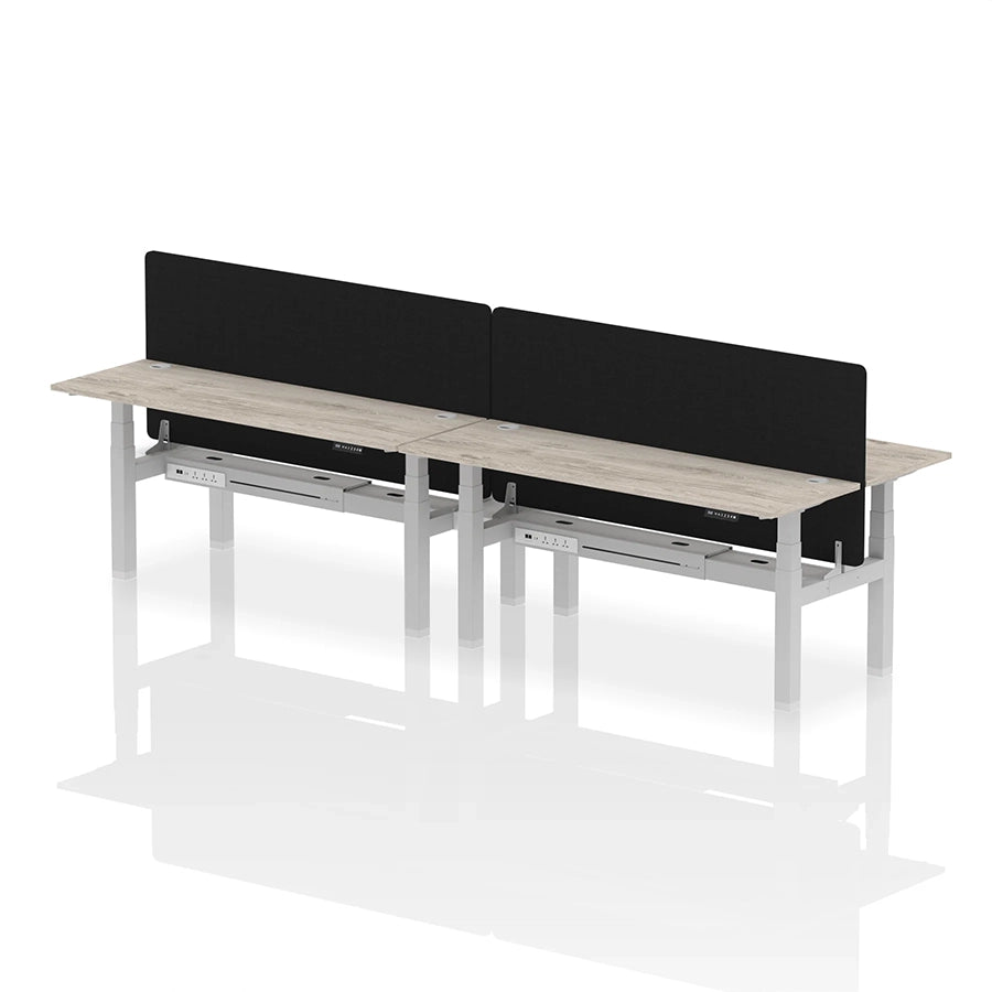 Air Back-to-Back Slimline Height Adjustable Bench Desk - 4 Person with cable ports and black straight screen W1800mm grey oak top with silver frame