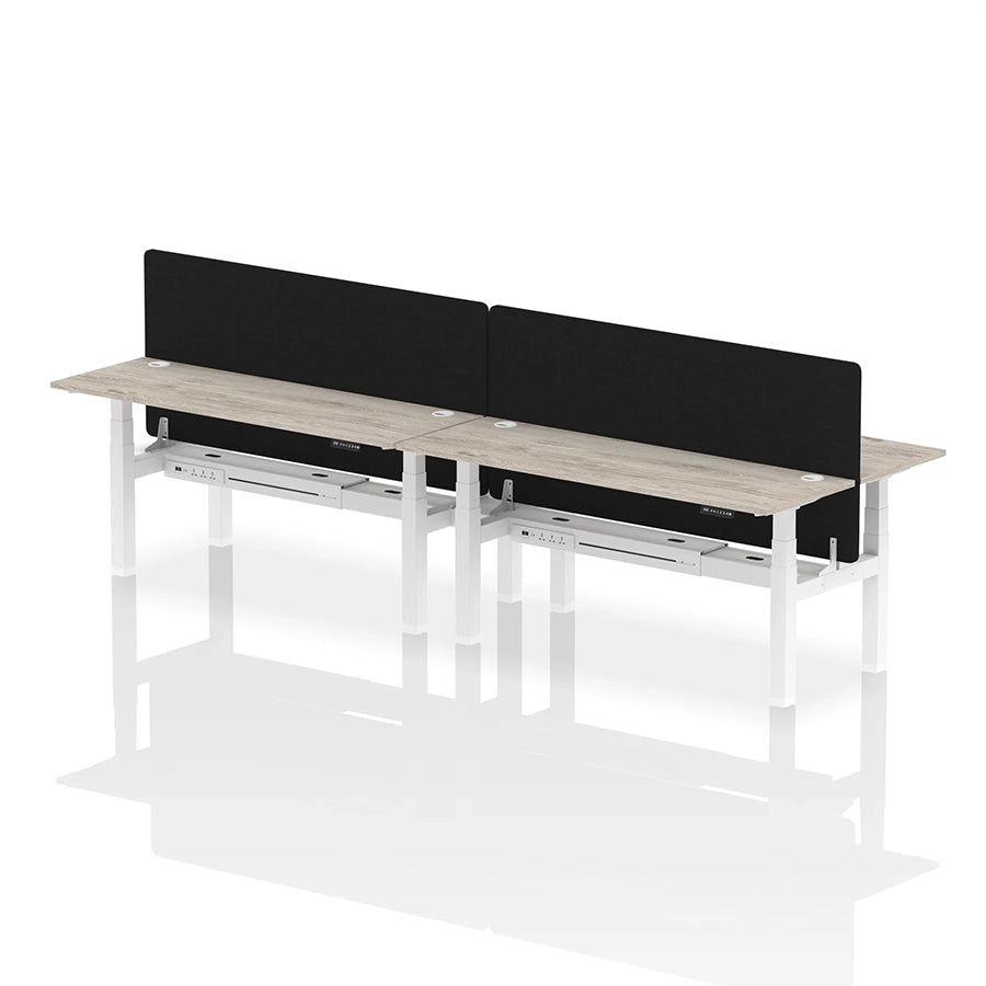 Air Back-to-Back Slimline Height Adjustable Bench Desk - 4 Person with cable ports and black straight screen W1800mm grey oak top with white frame