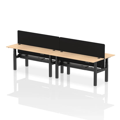 Air Back-to-Back Slimline Height Adjustable Bench Desk - 4 Person with cable ports and black straight screen W1800mm maple top with black frame