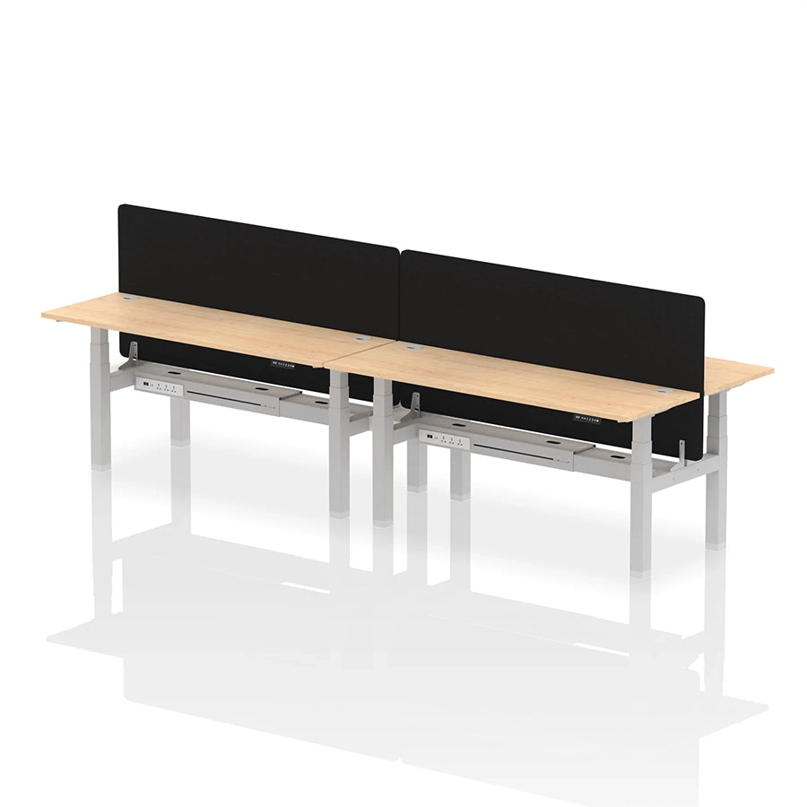 Air Back-to-Back Slimline Height Adjustable Bench Desk - 4 Person with cable ports and black straight screen W1800mm maple top with silver frame