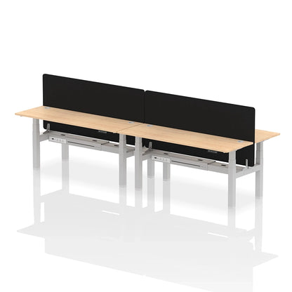 Air Back-to-Back Slimline Height Adjustable Bench Desk - 4 Person with cable ports and black straight screen W1800mm maple top with silver frame