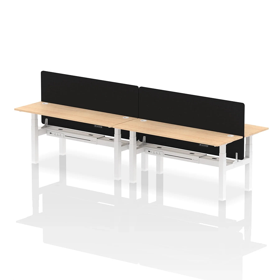Air Back-to-Back Slimline Height Adjustable Bench Desk - 4 Person with cable ports and black straight screen W1800mm maple top with white frame