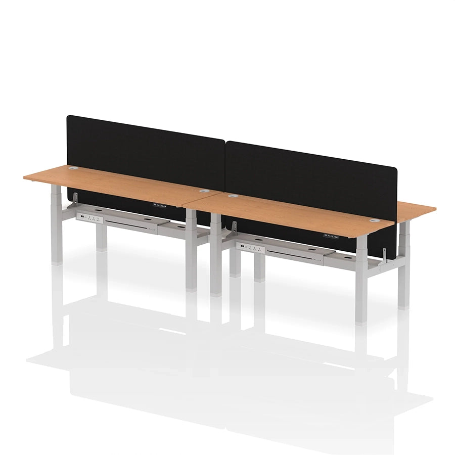 Air Back-to-Back Slimline Height Adjustable Bench Desk - 4 Person with cable ports and black straight screen W1800mm oak top with silver frame