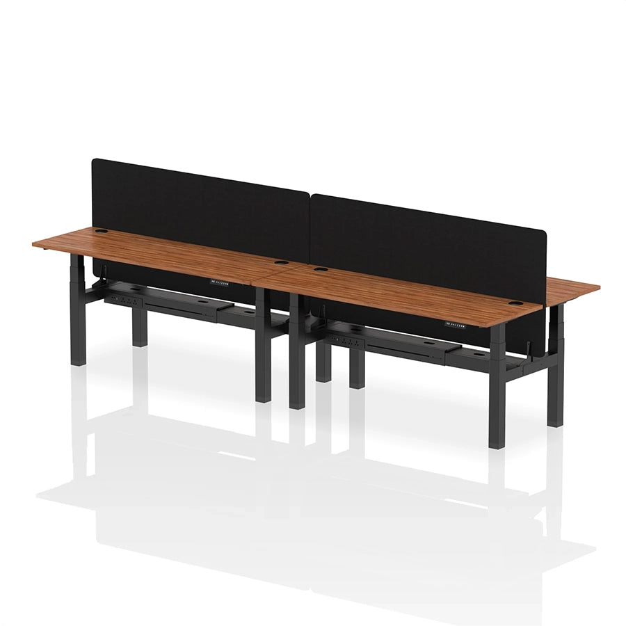 Air Back-to-Back Slimline Height Adjustable Bench Desk - 4 Person with cable ports and black straight screen W1800mm walnut top with black frame