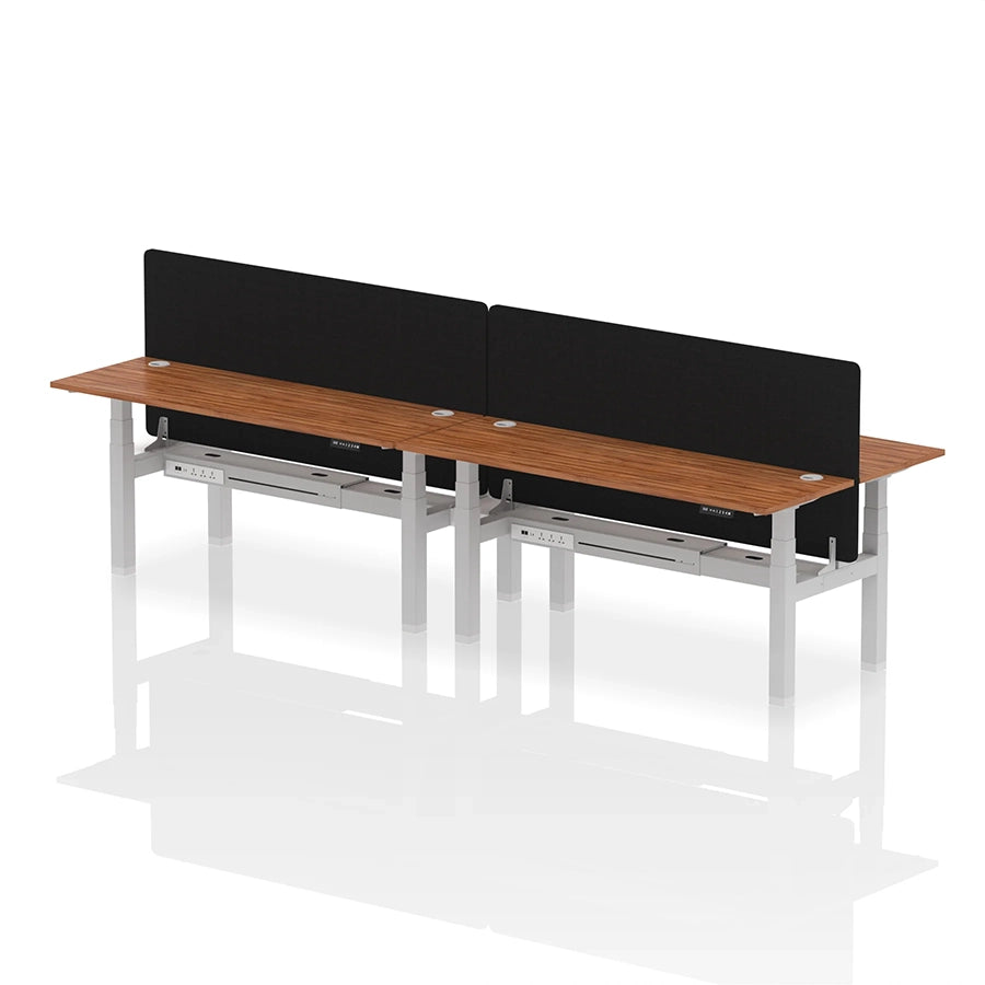 Air Back-to-Back Slimline Height Adjustable Bench Desk - 4 Person with cable ports and black straight screen W1800mm walnut top with silver frame