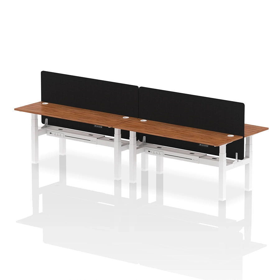Air Back-to-Back Slimline Height Adjustable Bench Desk - 4 Person with cable ports and black straight screen W1800mm walnut top with white frame