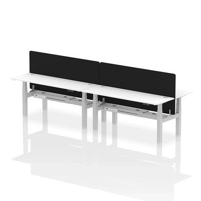 Air Back-to-Back Slimline Height Adjustable Bench Desk - 4 Person with cable ports and black straight screen W1800mm white top with silver frame