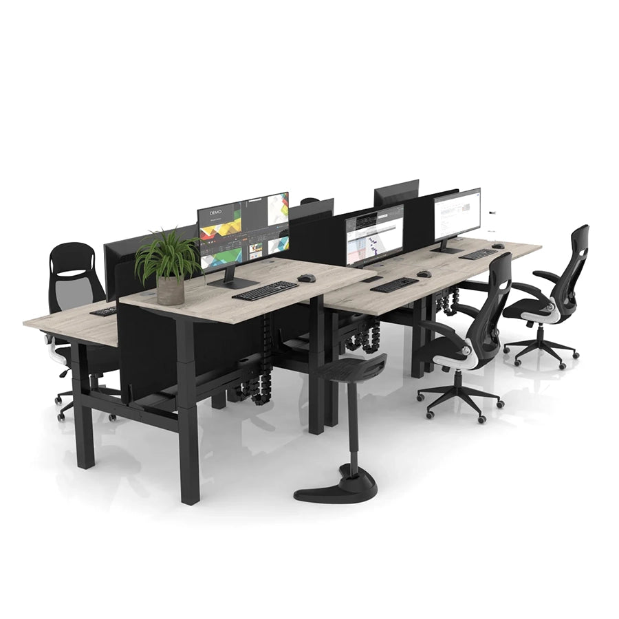 Air Back to Back Height Adjustable Bench Desks. 6 Person with Black straight screen 