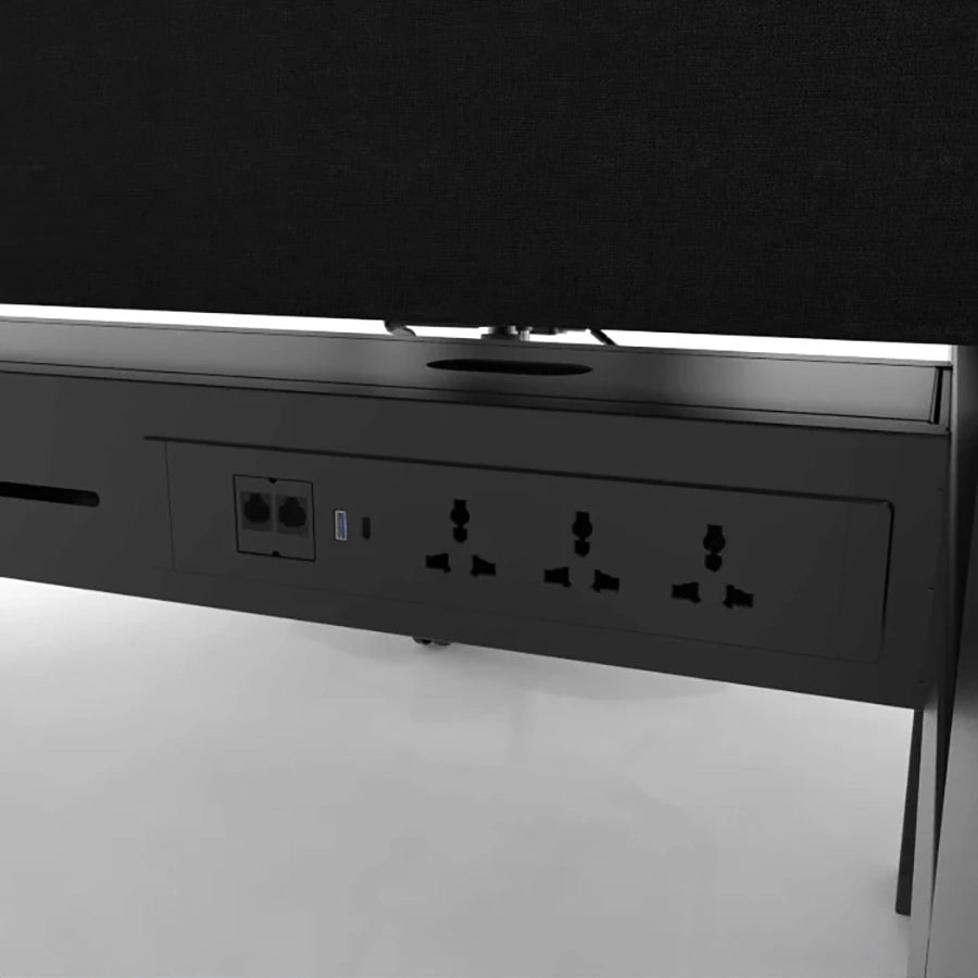 Air Back to Back Height Adjustable Desks Integrated Ports. Integrated with three UK plug sockets, two data ports, a USB-C and a USB port on each desk.